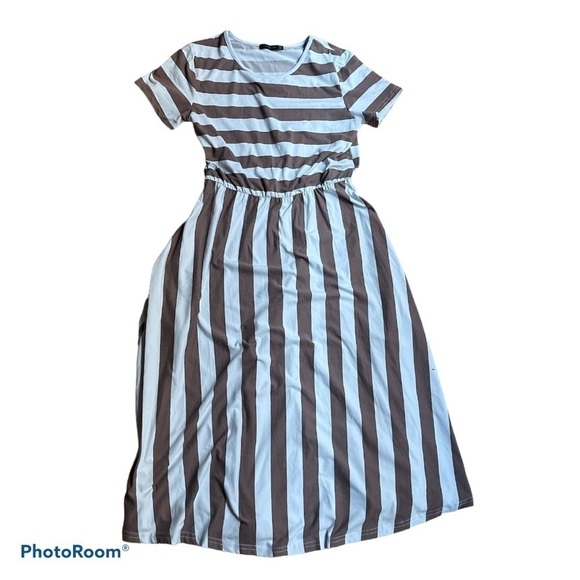 Blue Brown Striped Midi Dress Short Sleeve Pockets Size Small Casual - Picture 1 of 6